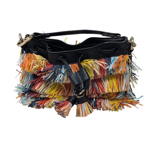 Zara Fringed Mini Bucket Bag Multicolored Lined Festival Indie Boho Maximalist - Picture 1 of 8